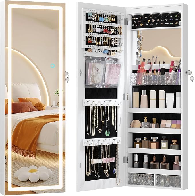 LVSOMT 42.5" Wall Mounted Jewelry Organizer with LED Mirror, White | Lockable Jewelry Cabinet for 30 Ring Slots, 96 Earring and 20 Necklace Hooks, Gift for Women, Girls