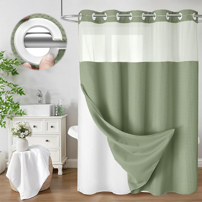 No Hook Shower Curtain and Liner Set,Sage Green Hotel Waffle Shower Curtain with Liner 75" L x 72" W,White Ring | Washable Snap in Fabric Liner, Mesh Top Window, Waffle Hotel Style Shower Curtain Set