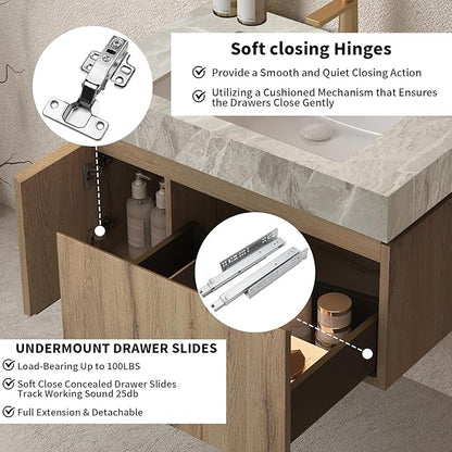 LKTART Floating 30 Inch Bathroom Vanity with Sink, Modern Plywood Wall Mounted Bathroom Storage Cabinet with 1 Door and 1 Drawer, Roma Travertine-Pattern Sintered Stone Countertop and Ceramic Basin