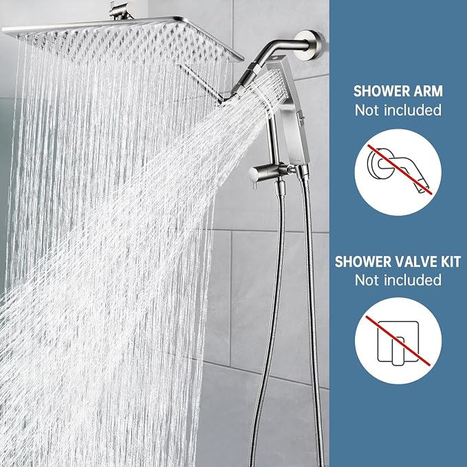 G-Promise 14 Inch All Metal Rain Shower Head with Handheld (Brushed Nickel) | Full Body Coverage, Pause Mode Diverter, Power Wash Mode Handheld, Suits Every Height, Easy to Install, Modern Bath Upgrade