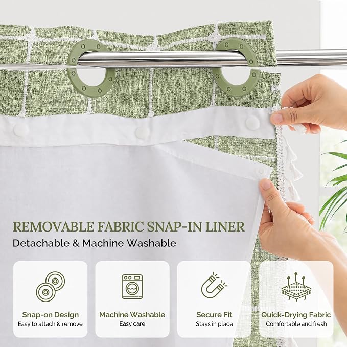 RiverDream Farmhouse No Hooks Shower Curtain with Snap-in Liner,Green,71x74 | Snap on Fabric Liner,Heavy Duty,Quick Dry,With Bottom Magnets,Washable,with Tassels, Rustic Boho Farmhouse,Standard Size