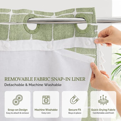 RiverDream Farmhouse No Hooks Shower Curtain with Snap-in Liner,Green,71x74 | Snap on Fabric Liner,Heavy Duty,Quick Dry,With Bottom Magnets,Washable,with Tassels, Rustic Boho Farmhouse,Standard Size