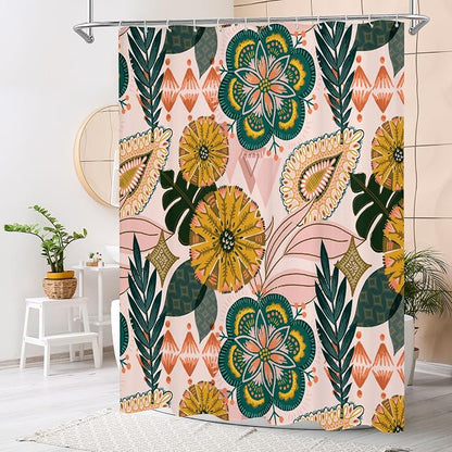 Pink Floral Shower Curtain, Boho Vintage Botanical Fabric Curtain, 72 x 72 | Boho Chic Floral, Vintage Botanical, Modern Farmhouse, Eclectic Rustic, Colorful Flowers, Fabric Shower Curtain