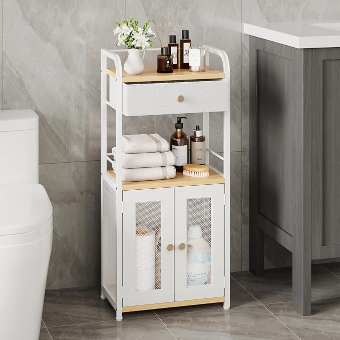 SWTYMIKI 14.57"x32.28" Bathroom Storage Cabinet – Freestanding Storage Cabinet with Doors and Drawer, Bathroom Organizers and Storage for Small Spaces – Ideal for Towels and Toiletries, Natural