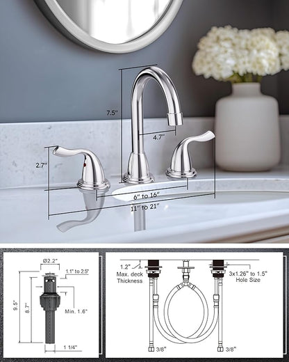 ARCORA Bathroom Sink Faucet 3 Hole, 8 Inch Widespread Bathroom Faucet, Chrome Bathroom Faucet with Pop Up Drain and Supply Lines
