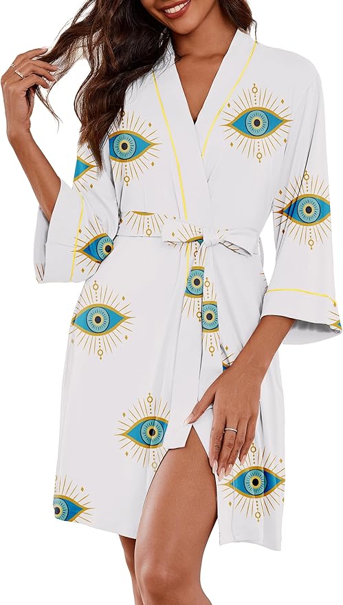 Ekouaer Women Kimono Robes Knee Length Knit Bathrobe Lightweight Soft Sleepwear V-neck Casual Ladies Loungewear