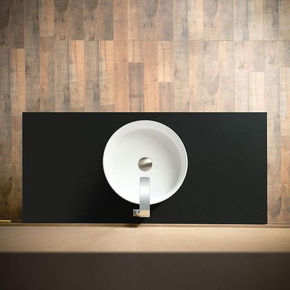 Woodbridge 48" Wall Mounted Floating Bathroom Vanity – Round Ceramic Vessel Sinks & Black Engineered Stone Top, Matte Black Lacquer Finish and Gold Accents, Space-Saving Wall-Mount Style