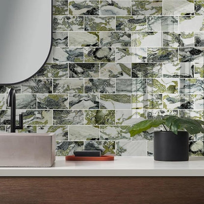 Vamos Tile 100-Piece Glossy Ice Green Peel and Stick Backsplash Tile,3''x6'' PVC Subway Tile with White Grout,Stick on Backsplash for Kitchen/Bathroom/Fireplace