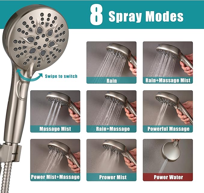 GwernKB Handheld Shower Head with ON OFF Switch & 79in Stainless Steel Hose | Built-in Power Spray,7-mode High Pressure Spray with Bracket & Extra No Drilling Shower Holder for Lower Mount,Brushed Nickel