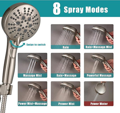 GwernKB Handheld Shower Head with ON OFF Switch & 79in Stainless Steel Hose | Built-in Power Spray,7-mode High Pressure Spray with Bracket & Extra No Drilling Shower Holder for Lower Mount,Brushed Nickel