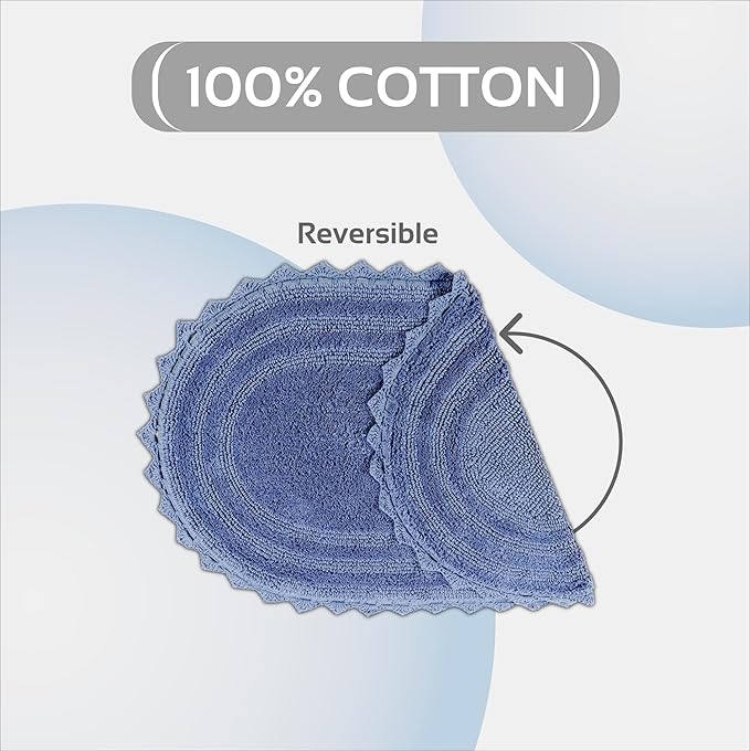 Better Trends 3 Piece Lilly Crochet Oval Rug Bath Mat Toilet Rugs U Shaped Set 100% Cotton, Soft Reversible Water Absorbent Washable Bath Rug for Bathroom Floor Decor, Contour Blue