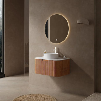 30'' Bathroom Vanities Cabinet with Sink Combo, Wall Mounted Floating Cabinet W/Curved Edges Stripes, Oak Plywood, Soft-close System with a Drawer, White Round Ceramic Basin - Kiel, Natural Wood