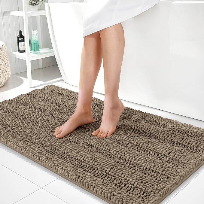 OLANLY Thick Bathroom Runner Rugs 44x24, Soft Chenille Long Bath Rugs, Tan | Absorbent Striped, Rubber Backing, Machine Wash, Bath Mats for Bathroom Floor, Tub and Shower, Home Decor Accessories