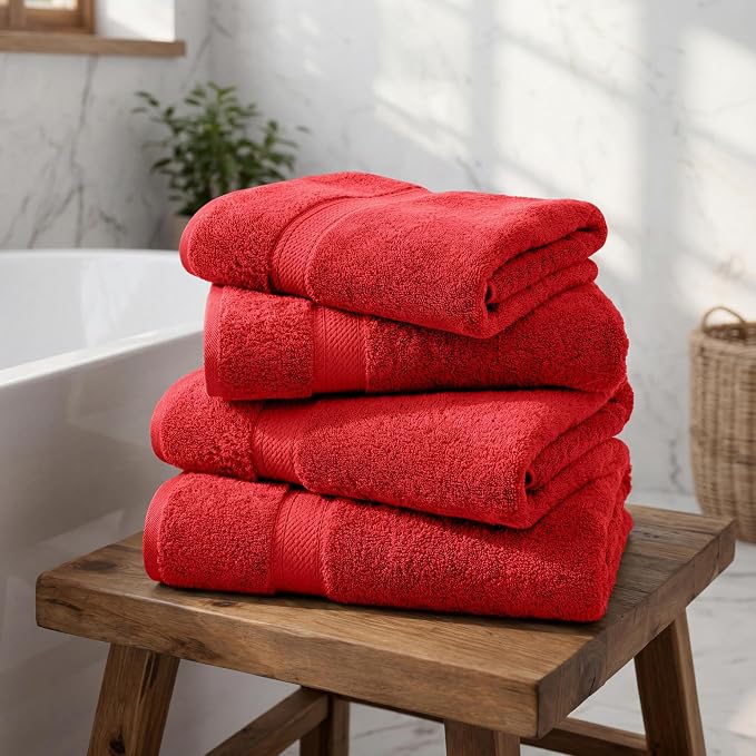Superior Egyptian Cotton Plush & Absorbent, Bath Towel Set of 4, Red | Quick Dry, Soft Luxury Towel Set, Bath Essentials for Bathroom, Guest Bath, Spa, 4 Piece Bath, Madeline Towels