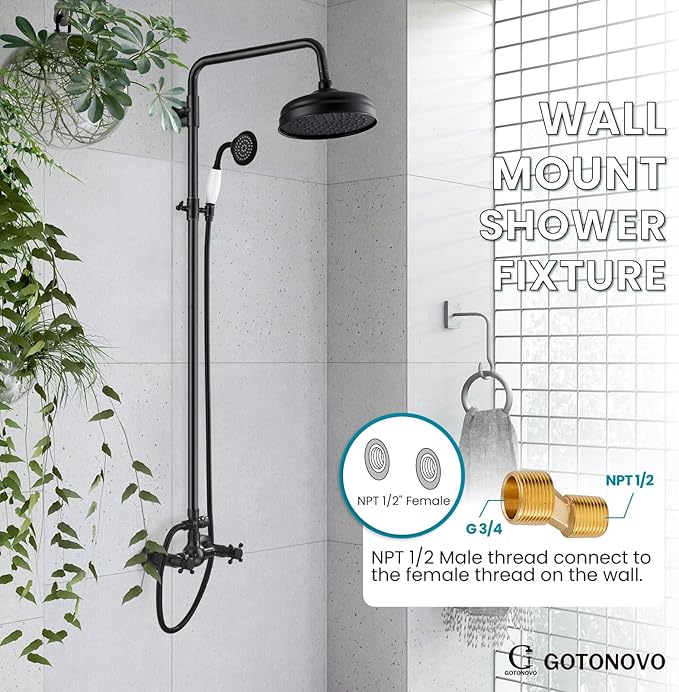 gotonovo Luxury Exposed Shower Faucet Set Bathroom Shower System 8 Inch Wall Mount Rainfall Shower Head with Handheld Spray Cross Double Handle Shower Fixture Adjustable Straight Rod Oil Rubbed Bronze