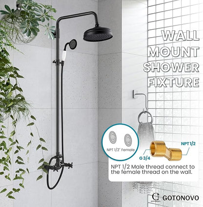 gotonovo Luxury Exposed Shower Faucet Set Bathroom Shower System 8 Inch Wall Mount Rainfall Shower Head with Handheld Spray Cross Double Handle Shower Fixture Adjustable Straight Rod Oil Rubbed Bronze