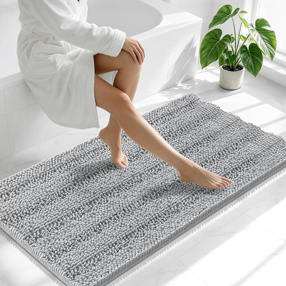 Smiry Thick Chenille Bathroom Runner Rugs 59x20, Soft Bath Mat, Light Grey | Quick‑Dry & Machine Washable, Non‑Slip Bath Carpet, Striped Bath Rugs for Tub & Shower, Modern Home Decor Accessories