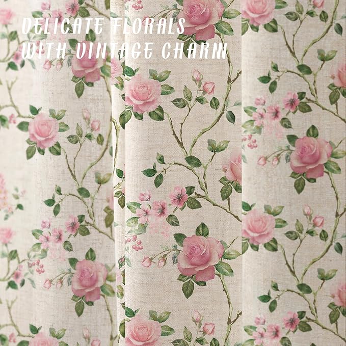Pink and Sage Green Floral Linen Shower Curtain,Vintage Cottage core Shower Curtains for Bathroom,72Wx72H