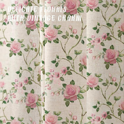 Pink and Sage Green Floral Linen Shower Curtain,Vintage Cottage core Shower Curtains for Bathroom,72Wx72H