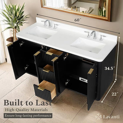 Lavanti Wooderna 60 Inch Bathroom Vanity with Sink – Stylish Firewood Black Vanity Bathroom with Storage Cabinet – Modern Bathroom Vanities with Double Vanity Sink & Quartz Countertop