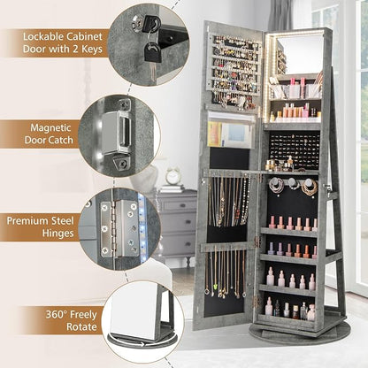 CHARMAID 360° Swivel Jewelry Armoire with Full Length Mirror, Rear Storage Shelves, Lockable Standing Jewelry Cabinet Organizer with Interior Vanity Mirror and 3-Color Lights (Stone Gray)