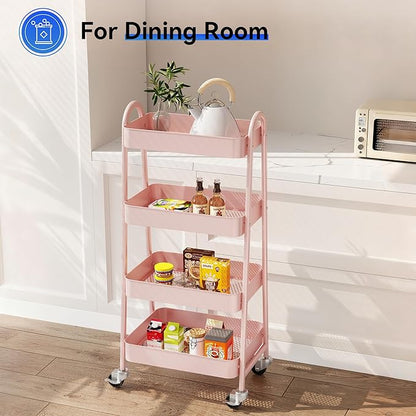 OLIXIS Metal 4 Tiers Utility Rolling Cart, Mobile Storage Shelf with Lockable Caster Wheels, Organization for Livingroom, Bathroom & Narrow Places, 4-Tier Pink