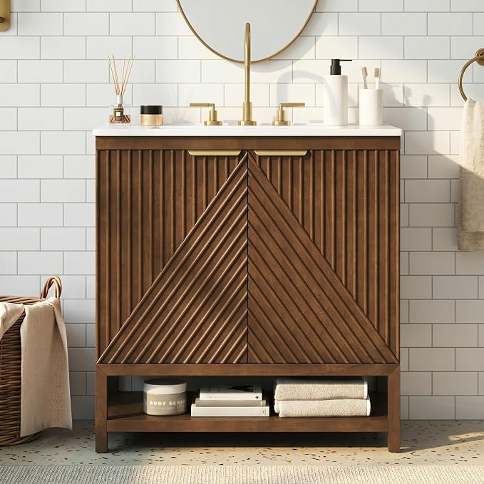 30 Inch Walnut Mid-Century Bathroom Vanity with Ceramic Basin Sink, Space Saving Bathroom Storage Cabinet with Sink & Dual Hidden Drawers & Open Bottom Shelf, Fluted Door Panel (Walnut Style2, 30")