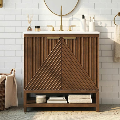 30 Inch Walnut Mid-Century Bathroom Vanity with Ceramic Basin Sink, Space Saving Bathroom Storage Cabinet with Sink & Dual Hidden Drawers & Open Bottom Shelf, Fluted Door Panel (Walnut Style2, 30")