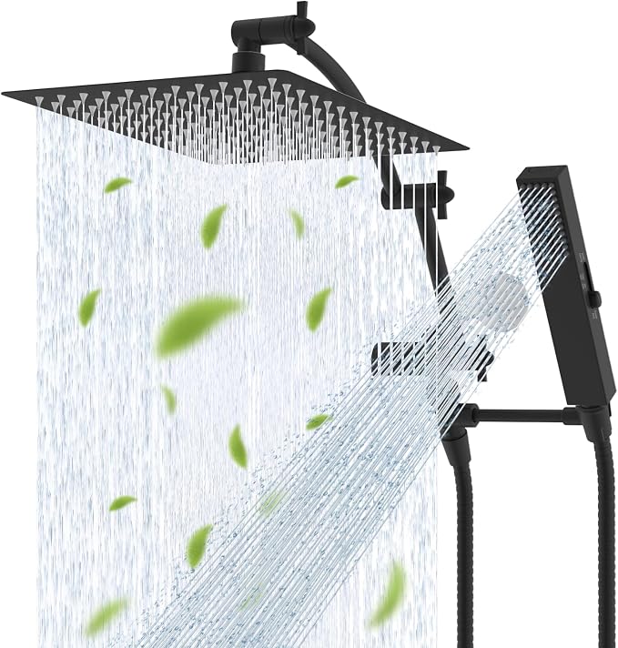 Hibbent All Metal CUPC Certified 12'' Rainfall Shower Head, Dual Shower Head Combo, High Pressure Handheld 4 Sprays Shower Wand, 16'' Adjustable Extension Arm, 71'' Hose, Shower Holder, Matte Black