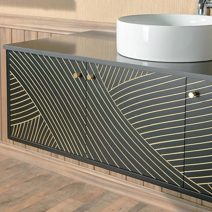 Woodbridge 48" Wall Mounted Floating Bathroom Vanity – Round Ceramic Vessel Sinks & Black Engineered Stone Top, Matte Black Lacquer Finish and Gold Accents, Space-Saving Wall-Mount Style
