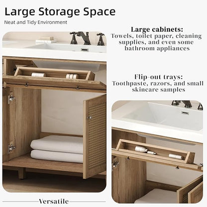 60 Inch Bathroom Vanity with Double Sink,Wood Color Doule Sink Vanity with 2 Tip-Out Trays & 4 Soft Closing Doors,Large Storage Space,Silver Knobs,Solid Wood Legs,Woven Rattan Doors Front
