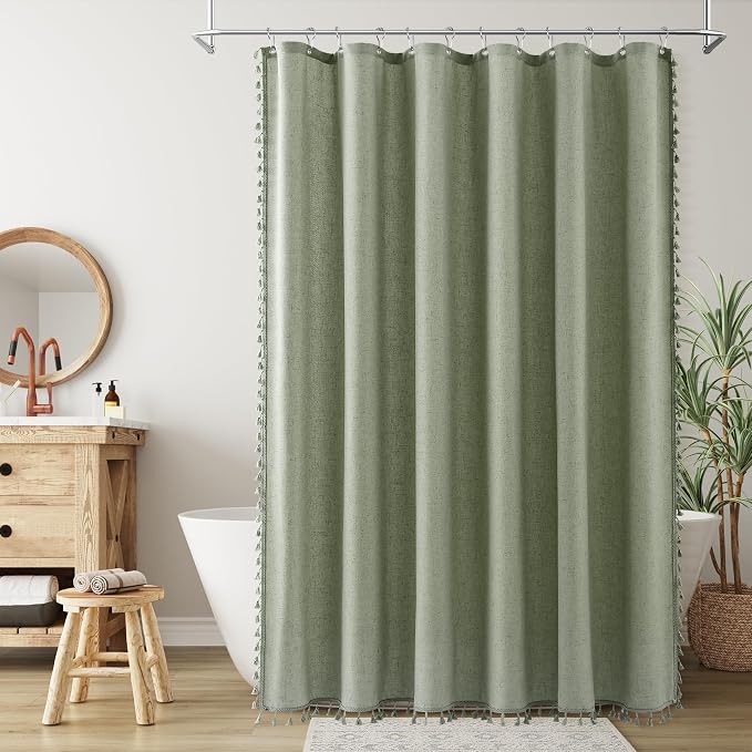 Extra Long Sage Green Boho Linen Shower Curtain 96 Inch Length Neutral Faux Linen Simple Tassel Hotel Style Cloth Bath Curtain Set with Hooks Vintage Country Decor for Bathroom 72x96, Green