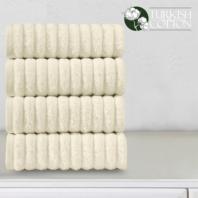 Elegant Comfort Luxury 100% Turkish Cotton Corduroy Ribbed 4 Pack Hand Towel Set 16 x 28 Inch - Absorbent, Super Soft, Quick Dry, Premium Towels for Bathroom, Gym, Spa and Hotel Use, Ivory