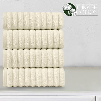 Elegant Comfort Luxury 100% Turkish Cotton Corduroy Ribbed 4 Pack Hand Towel Set 16 x 28 Inch - Absorbent, Super Soft, Quick Dry, Premium Towels for Bathroom, Gym, Spa and Hotel Use, Ivory