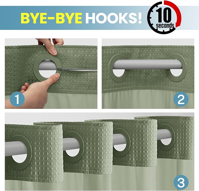 SORTTO No Hook Shower Curtain with Snap in Liner Set Waffle Shower Curtain for Bathroom Hotel Style Fabric Waterproof Inner Liner，71" W x 74" H, Sage Green