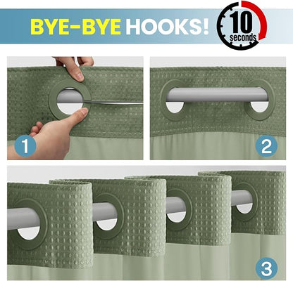 SORTTO No Hook Shower Curtain with Snap in Liner Set Waffle Shower Curtain for Bathroom Hotel Style Fabric Waterproof Inner Liner，71" W x 74" H, Sage Green