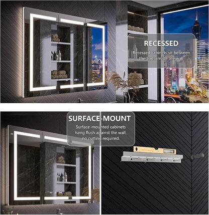 Smart LED Medicine Cabinet with Mirror, 48W×36H Inch Bathroom Storage Medicine Cabinet, 3 Color Stepless Dimming & Anti-Fog, 5X Magnifier, Night Light, 3 Doors, DTC Soft-Close Hinges