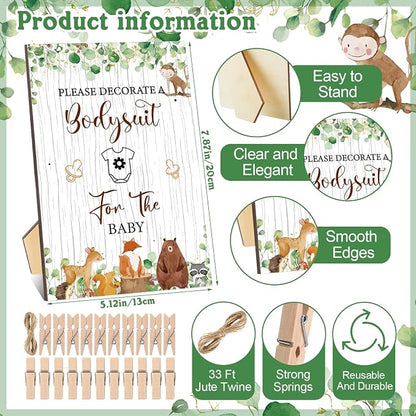 Panitay 126 Pcs Baby Shower DIY Bodysuit Set Bib 25 Blank White Newborn Bodysuit 25 Stencils 24 Marker 1 Sign 50 Pins(Woodland Animals)