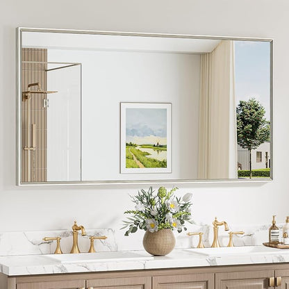 Keonjinn 55 x 30 Inch Brushed Nickel Large Bathroom Mirrors for Over Sink | Metal Frame, Rectangular Mirrors for Wall, Anti Rust, Rustic Bathroom Vanity Mirror, Safety HD Tempered Glass, Square Corner