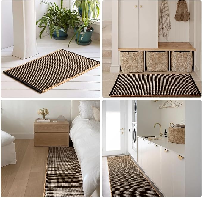 TYUU Waffle Bath Mat, Small Boho Bathroom Rugs Non Slip 24x16 Khaki & Black | Super Absorbent Quick Dry Bath Rug, Non-Slip Backing, Soft Waffle Washable Farmhouse Bathroom Mats, Tub, Shower & Home Decor