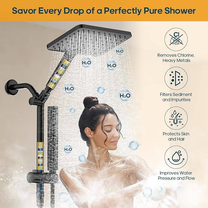 Filtered Shower Head with Handheld Combo High Pressure Shower Head with Filters 10 Inch Rain Shower Head Height Adjustable Dual Water Softener Shower Head for Hard Water - Removes Chlorine