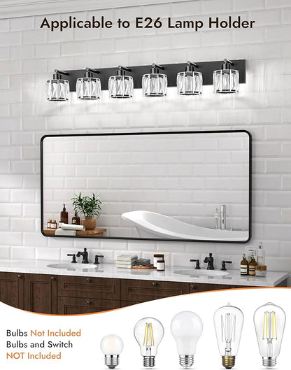 VOLISUN Crystal Vanity Lights for Bathrooms, 6 Light Bathroom Vanity Light, Modern Matte Black Bathroom Light Over Mirror, Black Bathrooms Lights Fixtures-UL Certificated(Exclude Bulb)