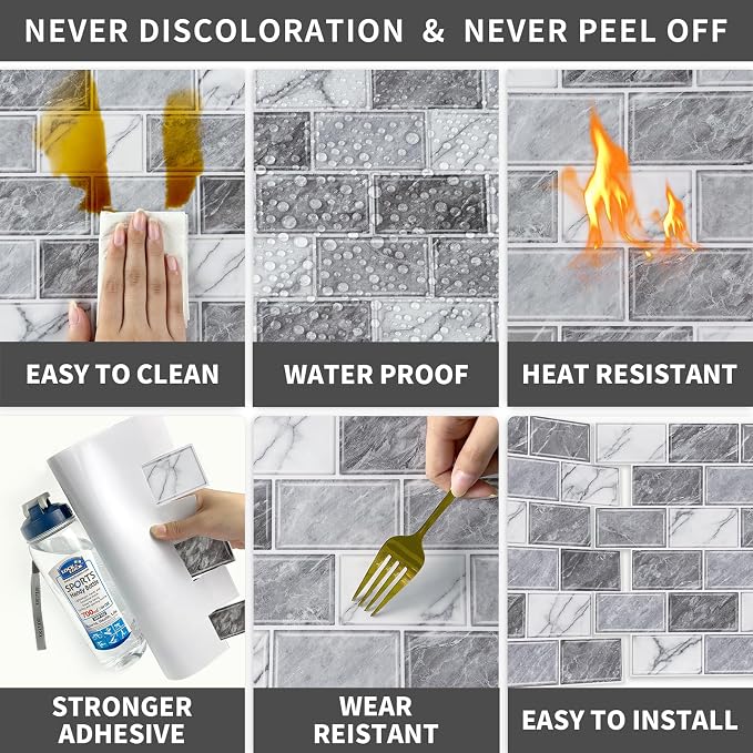 URCOLOR 10-Sheet Peel and Stick Backsplash Tile Sticker for Kitchen,12"x12" Self Adhesive Subway Wall Tiles Stick on Back Splashes for Bathroom White Gray Marble Design