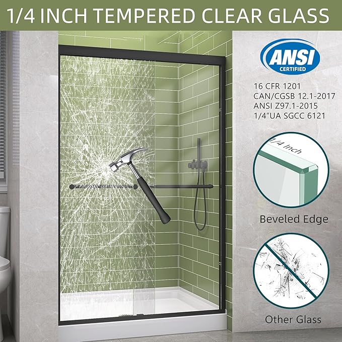 GETPRO Shower Door 68-72 in. W x 72 in. H Double Sliding Semi-Frameless Bypasss Bathroom Shower Glass Doors,1/4 inch Clear Tempered Glass Door for Walk-in Shower Matte Black