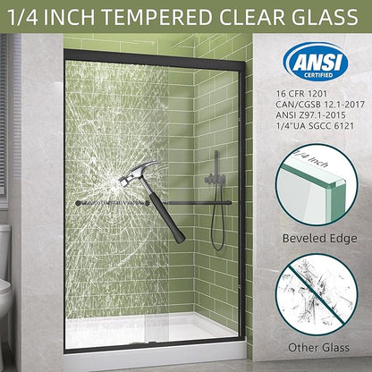 GETPRO Shower Door 68-72 in. W x 72 in. H Double Sliding Semi-Frameless Bypasss Bathroom Shower Glass Doors,1/4 inch Clear Tempered Glass Door for Walk-in Shower Matte Black