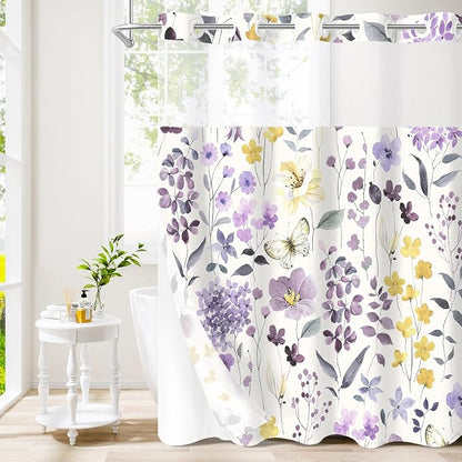 No Hook Purple Watercolor Floral Shower Curtain and Liner Set, 72x74 | Spring Flower Shower Curtains with Snap-in Liner for Farmhouse Bathroom Decor, Botanical Bathroom Curtain with Leaves