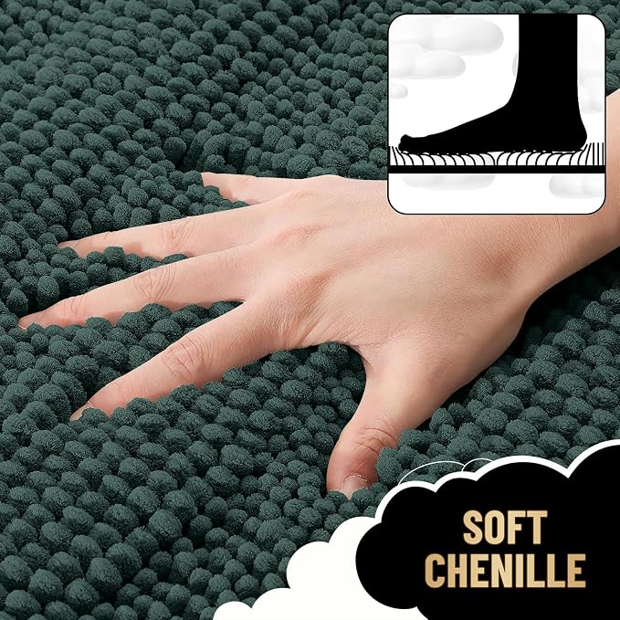 OLANLY Thick Bathroom Runner Rugs 44x24, Chenille Bath Rugs, Blackish Green | Absorbent Striped, Rubber Backing, Machine Wash, Long Bath Mats for Bathroom Floor, Tub and Shower, Home Decor Accessories