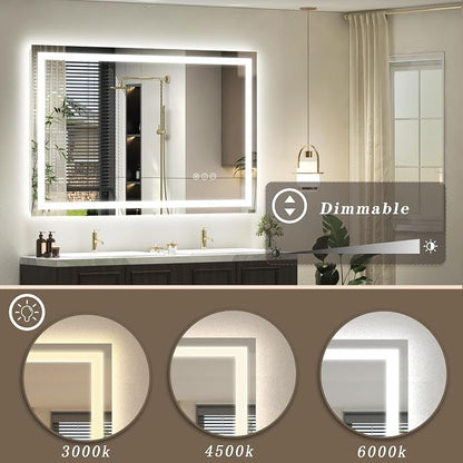 44x30 LED Lighted Bathroom Mirror for Vanity Wall | Front Light and Backlit, Anti-Fog, Memory, 3 Color, Tempered Glass, Dimmable, Rectangular, UL, Horizontal/ Vertical Mounted