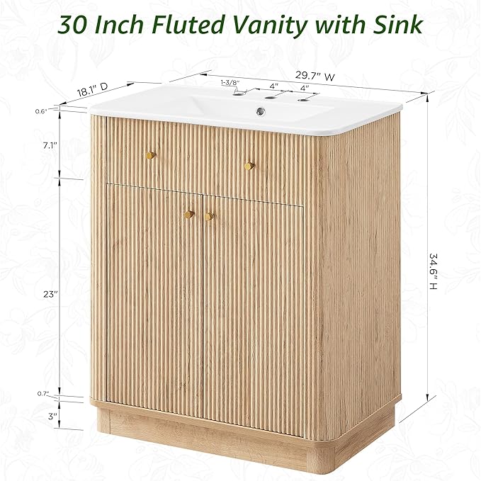T4TREAM 30 Inch Bathroom Vanity with Sink, Modern Fluted Single Bathroom Vanity with Sink with Storage Cabinet, Adjustable Shelf, Natural Oak