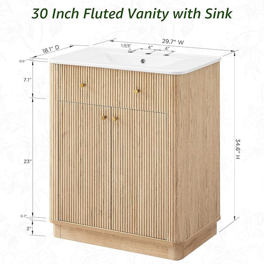 T4TREAM 30 Inch Bathroom Vanity with Sink, Modern Fluted Single Bathroom Vanity with Sink with Storage Cabinet, Adjustable Shelf, Natural Oak